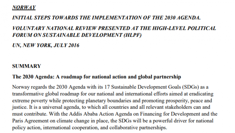 Norway Initial Steps Towards the Implementation of the 2030 Agenda VNR 2016