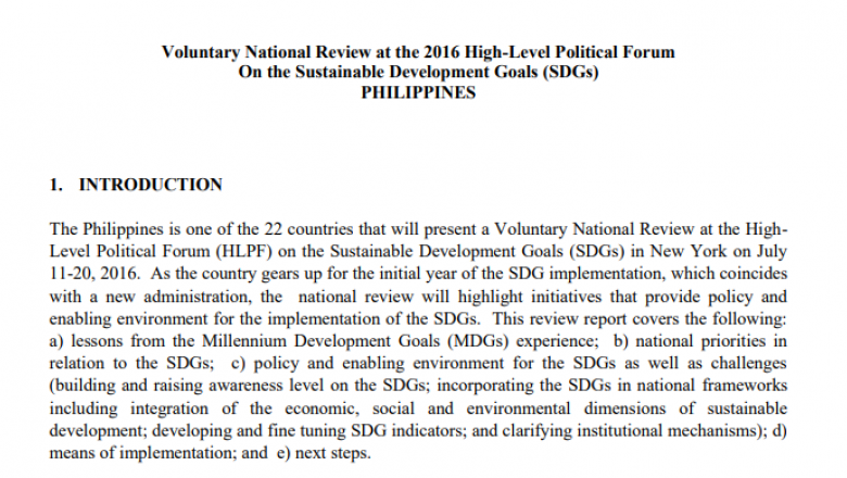 Philippines Voluntary National Review at the 2016 HLPF On the Sustainable Development Goals