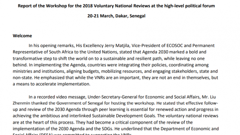 Report of the Workshop for the 2018 Voluntary National Reviews at the High-Level Political Forum (20-21 March, Dakar, Senegal)